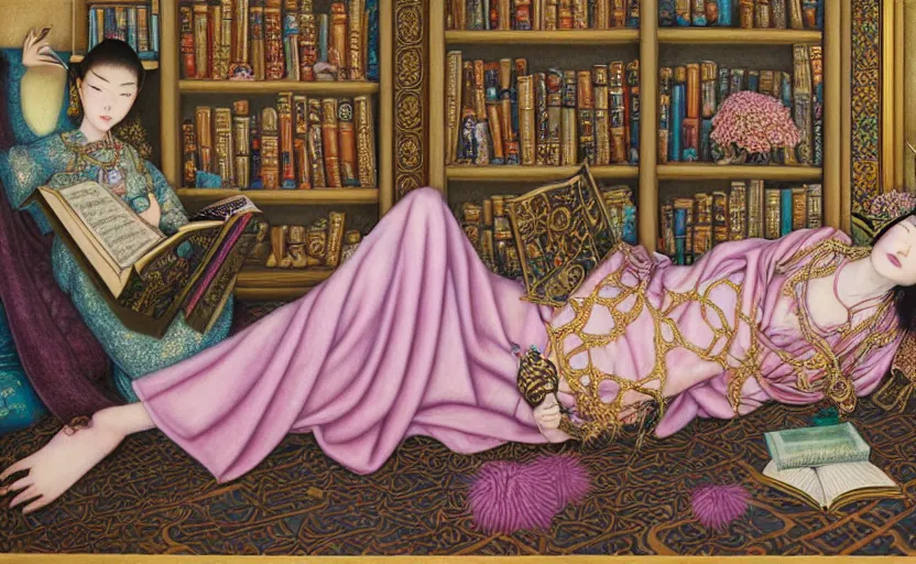 Image similar to a pastel drawing of a female wizard, ornate clothing, lounging on a purpur pillow on the marbled checkered floor in his study room reading an ancient tome. to the side is a potted plant, moody candlelit raytracing. ancient scifi fantasy setting. detailed face, sharp focus. by chie yoshii and mati klarwein