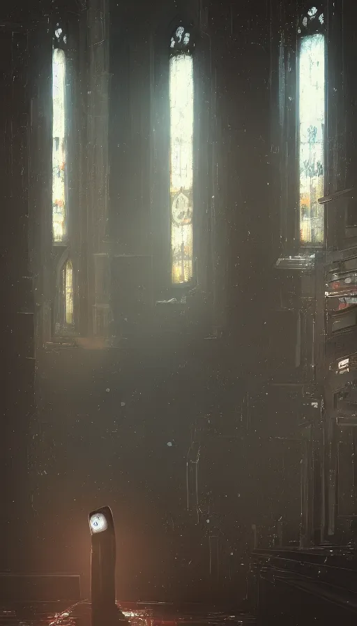 Image similar to portrait of broken humanoid metal robot praying in empty church, sunshine through window, bladerunner, cold color scheme, digital illustration, artstation, cinematic composition
