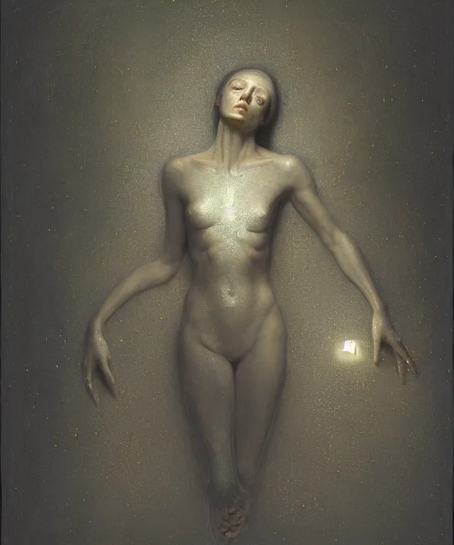 Image similar to Beautiful full-body wax sculpture of glowing transparent woman with visible golden bones covered with melted white candle wax inside the singularity where stars becoming baroque folds of dark matter by Michelangelo da Caravaggio, Nicola Samori, William Blake, Alex Grey and Beksinski, dramatic volumetric lighting, highly detailed oil painting, 8k, masterpiece