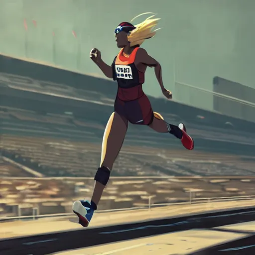 Image similar to Female athlete sprinter in a race with mechanical legs, cinematic stillframe, diesel punk, art deco stadium, artstation, contrasty, Studio Ghibli