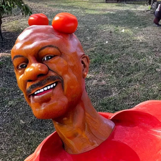 Image similar to a sculpture made of tomatoes in the shape of terry crews