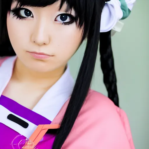 Image similar to a symmetric and beautiful face, high definition photo of a cosplayer with twin tails, wearing maid uniform, photo taken with Sony a7R