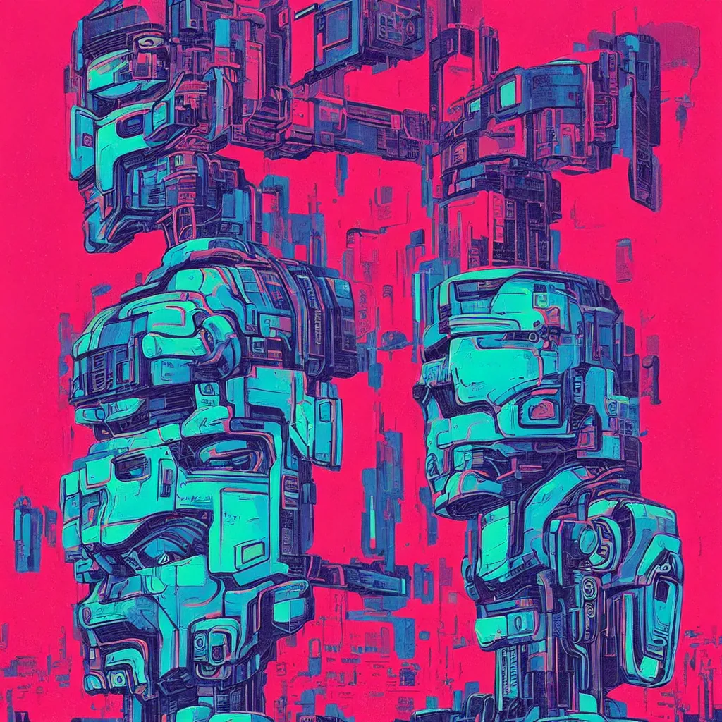 Image similar to risograph style gouache impasto huge robot head, cyberpunk art by by james gilleard, cgsociety, retrofuturism, synthwave, retrowave, outrun