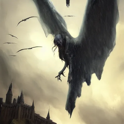 Image similar to voldemort, huge wings, scary weather, stormy, ocean, exudes terror ， island ， castle ， vine, spitfire, photography, hyperrealistic, by greg rutkowski, smooth, illustration, elegant, artstation, digital painting.