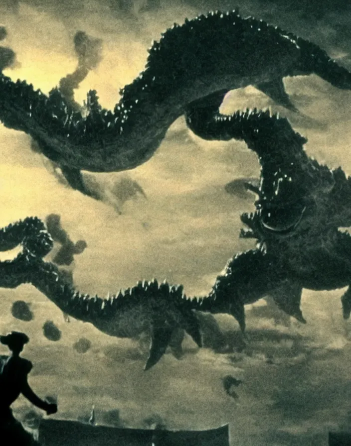 Image similar to a filmstill of a north korean monster movie, kaiju - eiga monster with starfish - arms trampling a traditional korean palace, foggy, film noir, epic battle, etheral, explosions, communist propaganda, communist epic thriller produced by kim jong - il, cinematography by akira kurosawa and tim burton, video compression