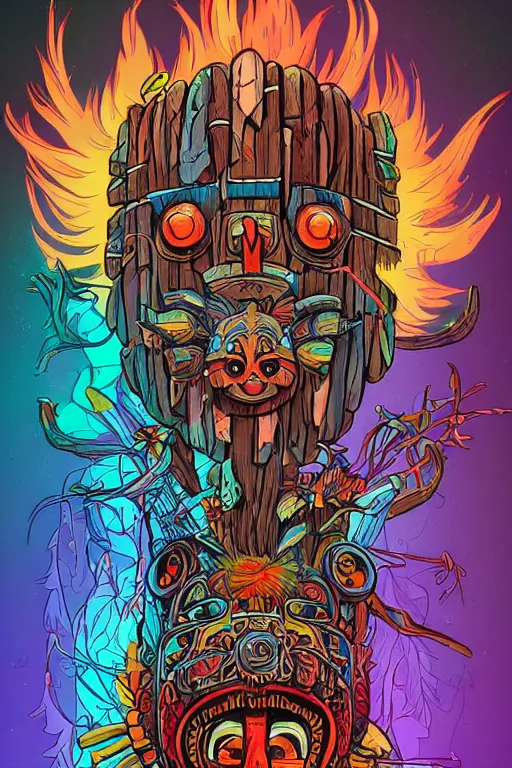 Image similar to totem animal tribal chaman vodoo mask feather gemstone plant wood rock video game illustration vivid color borderlands by josan gonzales and dan mumford radiating a glowing aura