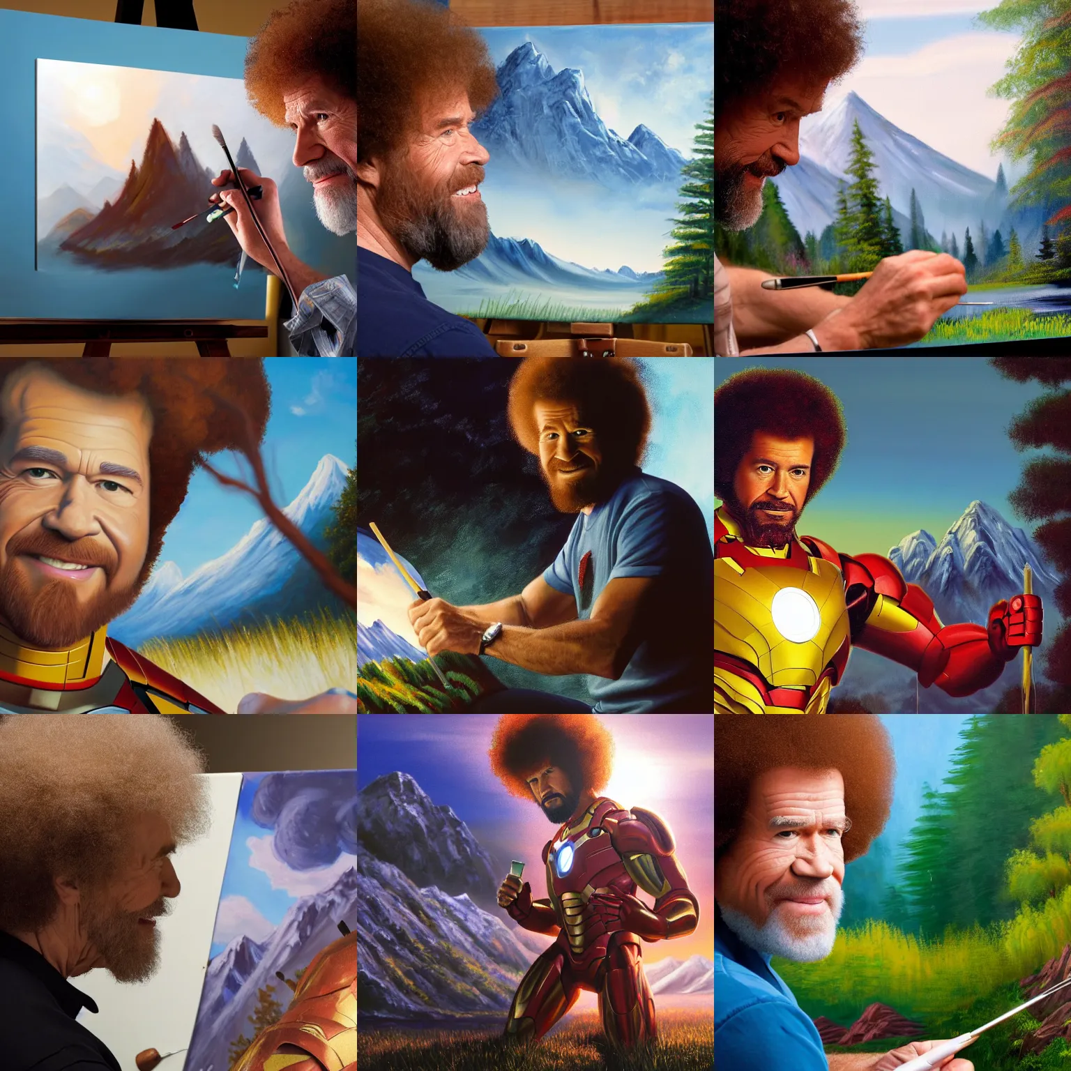 Image similar to a closeup photorealistic photograph of bob ross painting an image of iron man on a canvas. mountains and trees. film still. brightly lit scene. this 4 k hd image is trending on artstation, featured on behance, well - rendered, extra crisp, features intricate detail, epic composition and the style of unreal engine.