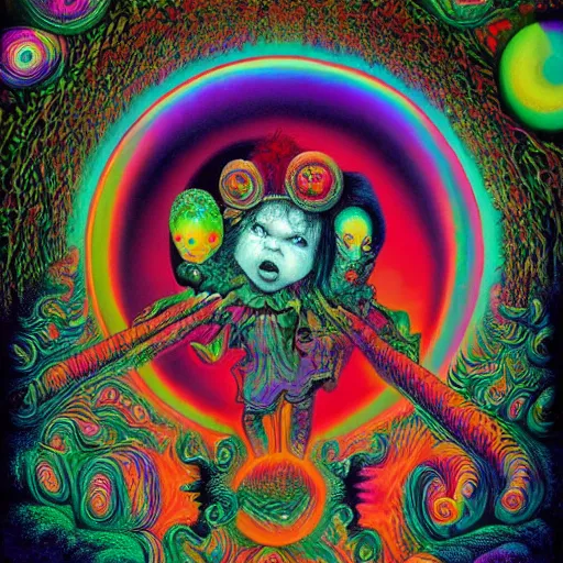 Image similar to Psychedelic LSD experience with insane trippy visuals in the style of an album cover by Mark Ryden and Alex Gross, Todd Schorr ,(highly detailed, 8k, UHD, fantasy, dream, otherworldly, bizzare, spirals)