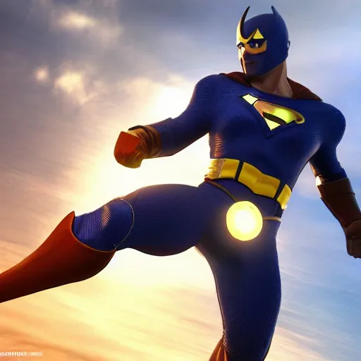 Image similar to Une photo professionnelle d'un super héro avec le costume de Invincible, deviantart, réalisme, tendance sur artstation, éclairage volumétrique, ray tracing, 8k