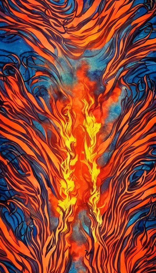 Image similar to a high quality anime still of fire and water mixing together, conveying a sense of balance inspired by the Temperance tarot card psychedelic ,