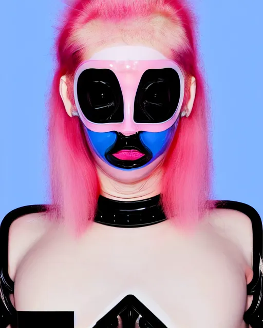 Prompt: symmetrical close - up portrait of a woman wearing a translucent silicone beauty mask and pink hair, wearing a black bodysuit by alexander mcqueen, blue background, soft diffused light, biotechnology, humanoide robot, bjork aesthetic, translucent, by rineke dijkstra, intricate details, highly detailed, masterpiece,