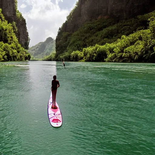 Image similar to a view of a human - sized lemur on a stand up paddleboard floating down the middle of a river with cliffs on either side, digital art