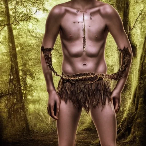 Prompt: a teenage boy, around 1 9 yo. iron necklace. natural brown hair. loincloth, pale skin. detailed face. ominous and eerie looking forest i'm background. natural colors.