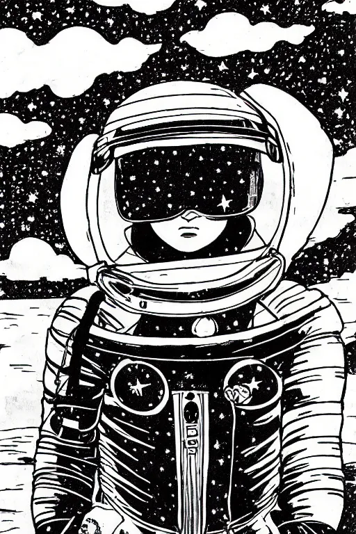 Image similar to manga portrait of a woman wearing a space helmet, akira toriyama, lineart, black and white, scifi, big clouds visible in the background, stars in the sky, high contrast, deep black tones