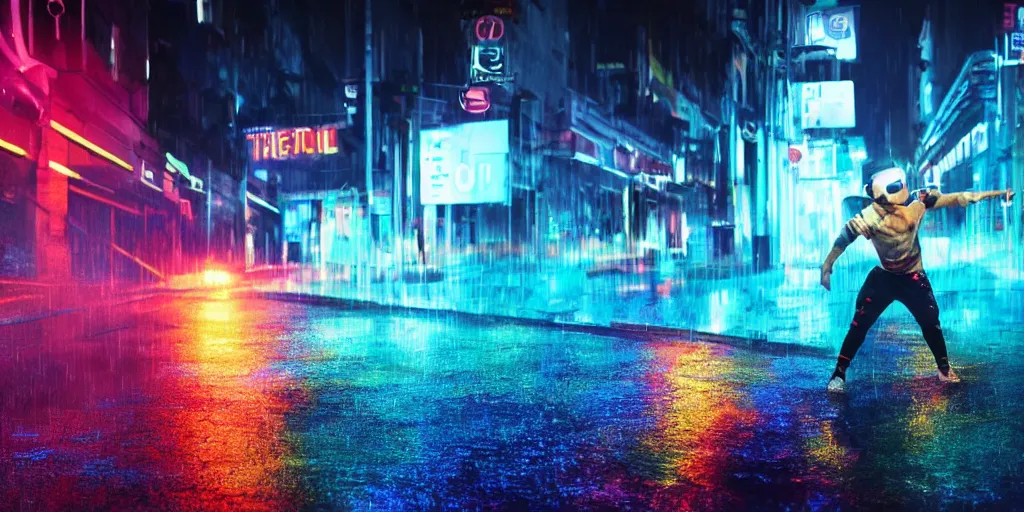 Prompt: cinematic camera wide angle of slow motion film still of futuristic break dancer wearing neon lights, long exposure shot , at night in the middle of a rainy street, paddle of water, water splashes, rim lights, glossy reflections, water droplets on lens, octane render, detailed and soft, by jimbo phillips santa cruz