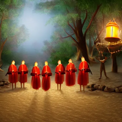 Image similar to A group of Spanish inquisitors holding lanterns on a sandy beach Cove in middle of a magical forest in night, detailed digital art