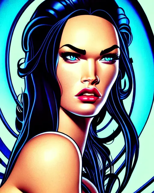 Image similar to low angle closeup very seductive megan fox retro scifi goddess pinup, vr goggles, action glamour pose, windblown dark hair, hyper detailed, digital art, studio lighting, smooth, ambient lighting, sharp focus, frank miller, wlop, anna dittmann, moebius!, alphonse mucha, patrick nagle!!!, rim lighting, synthwave