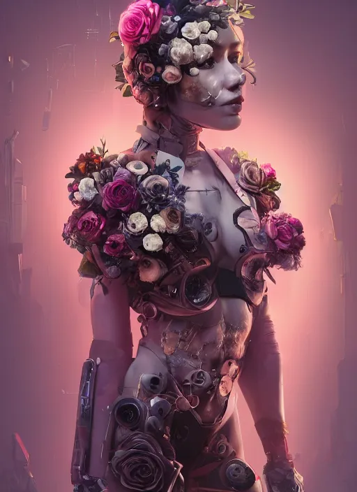 Image similar to portrait of a seductive female with flowers, cyberpunk cyborg. roses, muted colors, sci fi, intricate abstract upper body intricate artwork, by tooth wu, wlop, beeple, dan mumford. concept art, octane render, deviantart, greg rutkowski, cinematic arthouse, key art, hyper realism