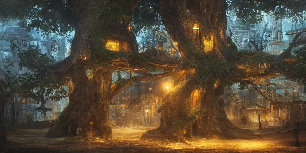 Image similar to A city built into a giant tree, cinematic lighting, detailed oil painting, hyperrealistic, 8k