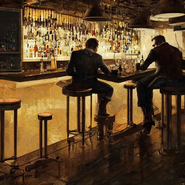 Image similar to two men sitting at a bar drinking whiskey being served by a robot bartender, near future, sci - fi concept art, by greg rutkowski and norman rockwell, highly detailed, intricate details, soft lighting, studio lighting