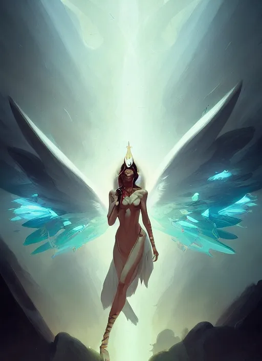 Image similar to cameron diazas an angel, backround dark, highly detailed, digital illustration, trending in artstation, modern painting, smooth, sharp focus, intricate, by peter mohrbacher