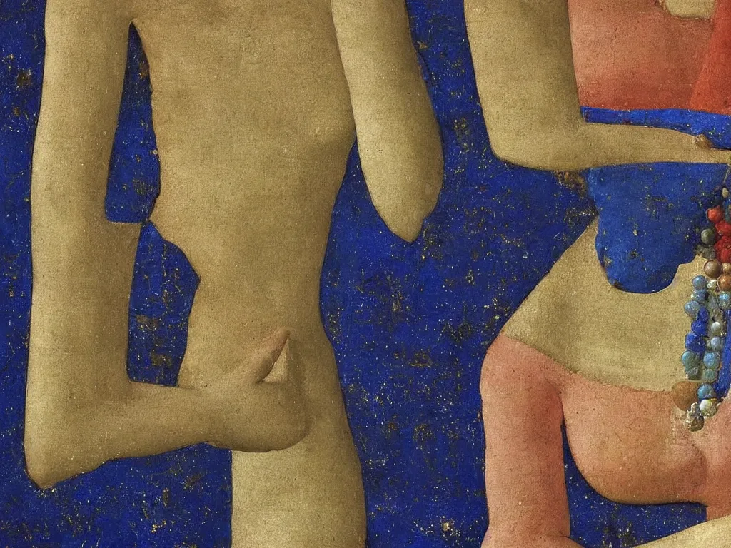 Prompt: close up of a chest of a woman in dress. lapis lazuli, malachite, cinnabar, gold. painting by piero della francesca, balthus, agnes pelton