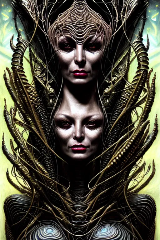 Image similar to single face portrait. complex hyper-maximalist overdetailed cinematic cosmic scifi portrait of an elegant very attractive but wild and dangerous humanoid reptilian goddess by andrei riabovitchev, tomasz alen kopera, oleksandra shchaslyva. Omnious intricate. Secessionist portrait illustration. Poison goddes. Slightly influenced by giger. Zerg human hybrid goddes. Unreal engine 5. Focus on face. Artstation. Deviantart. 8k 4k 64megapixel. Cosmic horror style. Rendered by binx.ly.