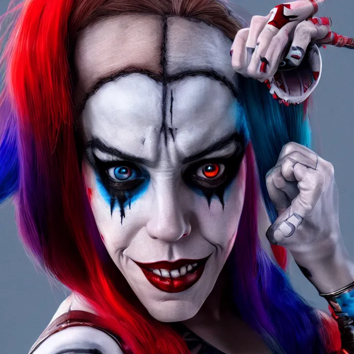 Image similar to portrait of Melanie C as a harley quinn in Suicide Squad. intricate artwork. by wlop, octane render, trending on artstation, very coherent symmetrical artwork. cinematic, hyper realism, high detail, octane render, 8k