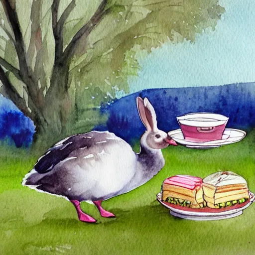 Prompt: a watercolour painting of a goose and a bunny having afternoon tea