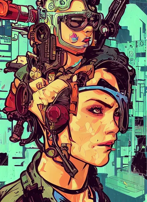 Image similar to maria. beautiful cyberpunk mercenary. portrait illustration, pop art, splash painting, art by ashley wood, alphonse mucha, laurie greasley and josan gonzales ( apex legends )