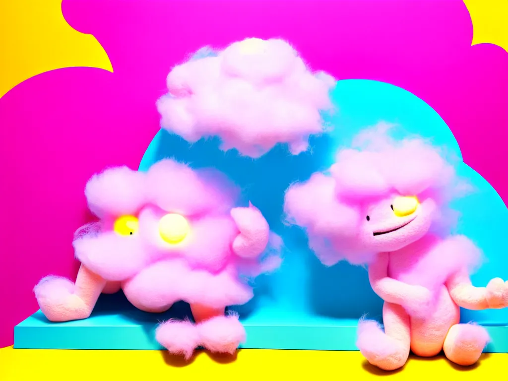 Image similar to realistic image of a light pink monster sitting on a simplistic pink fluffy cloud with yellow beams of light and a light blue background, children's tv show vintage kids channel 1 9 9 0 s 2 0 0 0 s
