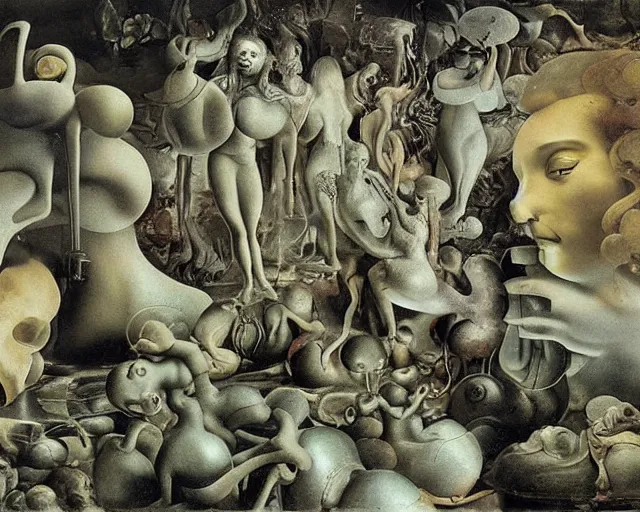 Prompt: a surreal landscape inhabited strange figures in the background that get larger in the forgeound by hans bellmer, salvador dali, rachel ruysch