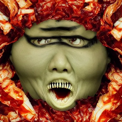 Prompt: an ominous terrifying being made of kimchi and hatred