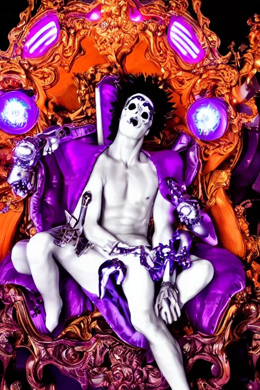 Image similar to full-body rococo and cyberpunk style violet neon statue of a young attractive Spanish male macho dotado android reclining sim roupa con piroca, glowing white laser eyes, prince crown of orange gears, diamonds, swirling silver-colored silk fabric. futuristic elements. full-length view. space robots. human skulls. intricate artwork by caravaggio. Trending on artstation, octane render, cinematic lighting from the right, hyper realism, octane render, 8k, depth of field, 3D