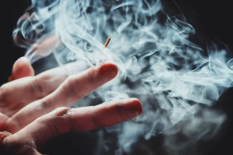 Image similar to Close-up of thin soft hand, five fingers, hand with cigarette with smoke, hand with five fingers, hyper realistic, high details, photo, super resolution