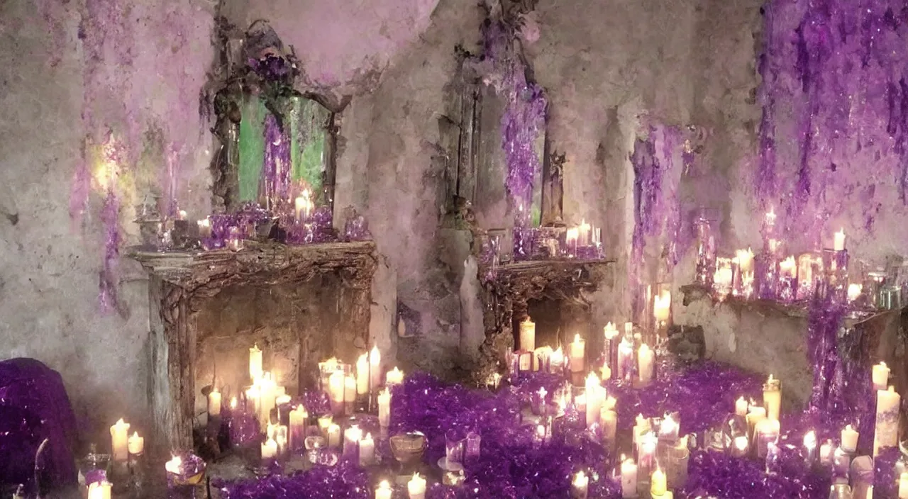 Prompt: cozy old room filled with burning purple and green crystal candles, atmospheric, hyperdetailed