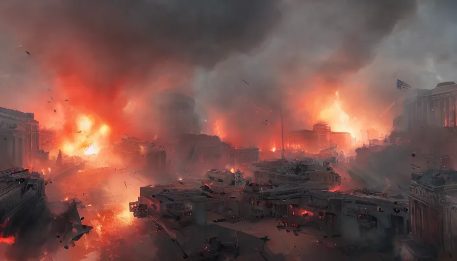 Image similar to world war 3 in washington dc, white house on fire, firing everywhere, hyperdetailed, artstation, cgsociety, 8 k