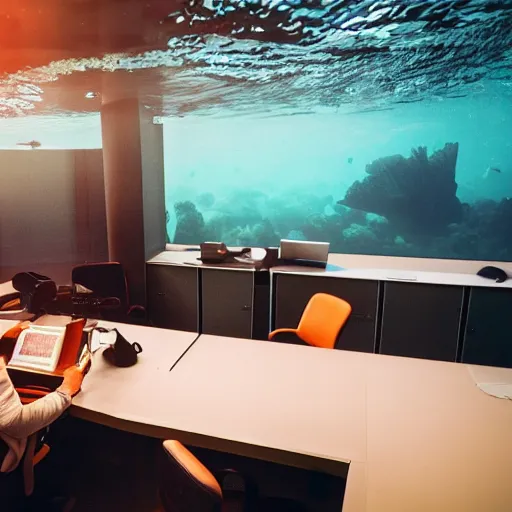 Image similar to photo of someone underwater working at an office desk, cinematic