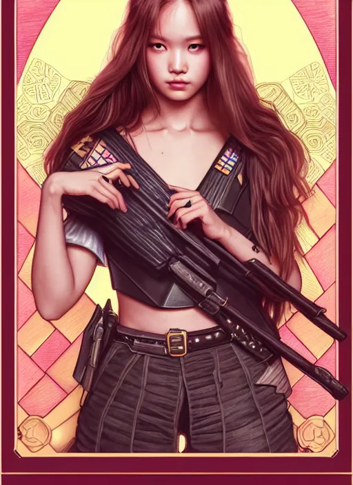 Image similar to jossi of blackpink, female soldier, tarot card, highly detailed, digital painting, smooth, sharp focus, illustration, ultra realistic, 8 k, art by artgerm and alphonse mucha