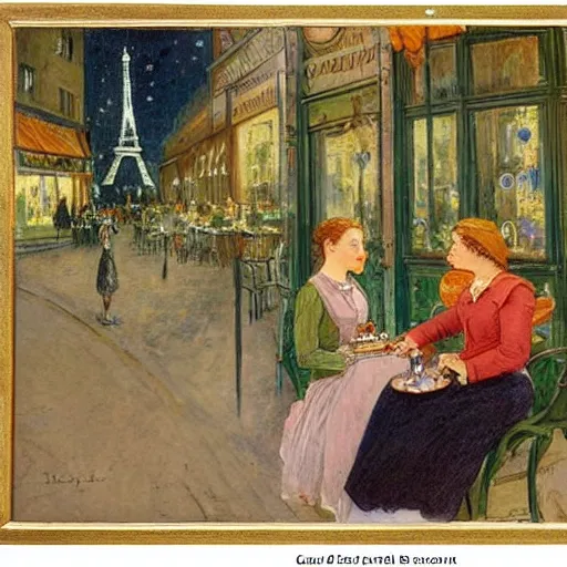 Image similar to two young edwardian women sit outside a cafe in paris at night, the moon is in the sky, the eiffel tower is visible in the background, in the style of carl larsson