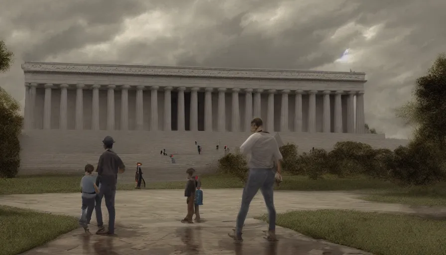 Image similar to father and son visiting destroyed lincoln memorial, cloudy day, hyperdetailed, artstation, cgsociety, 8 k