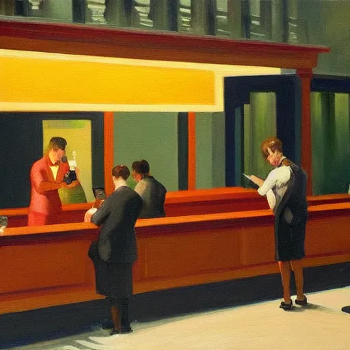 Image similar to a painting of a bar with people sitting inside scrolling on their smartphones in the style of edward hopper