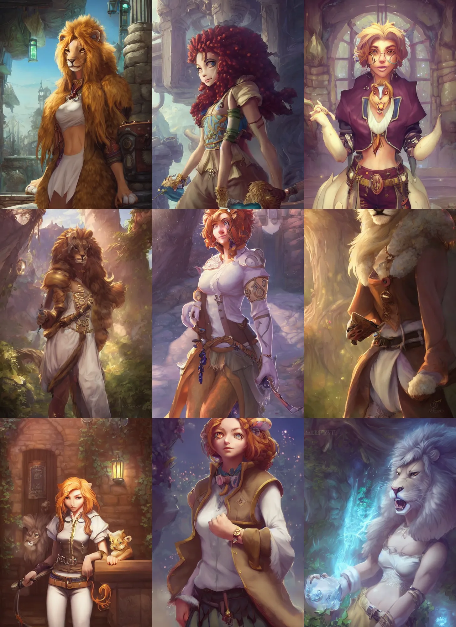 Prompt: beautiful portrait of a female anthropomorphic lion fursona wearing fantasy adventurer's clothes outside a fantasy tavern. character design by charlie bowater, ross tran, artgerm, and makoto shinkai, detailed, soft lighting, rendered in octane