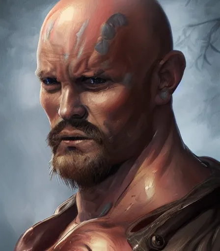 Prompt: unattractive, bald and unsympathetic Human_fighter!, He has 6 scares on his face, and a bloodthirsty look in his eyes. full_body!!, dungeons and dragons portrait, highly detailed, digital painting, artstation, concept art, sharp focus, illustration, art by artgerm and greg rutkowski and alphonse mucha