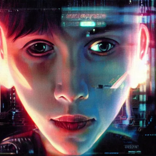 Image similar to Molly from the novel Neuromancer, eye implants, portrait shot, cyberpunk, movie still, poster art by Drew Struzan