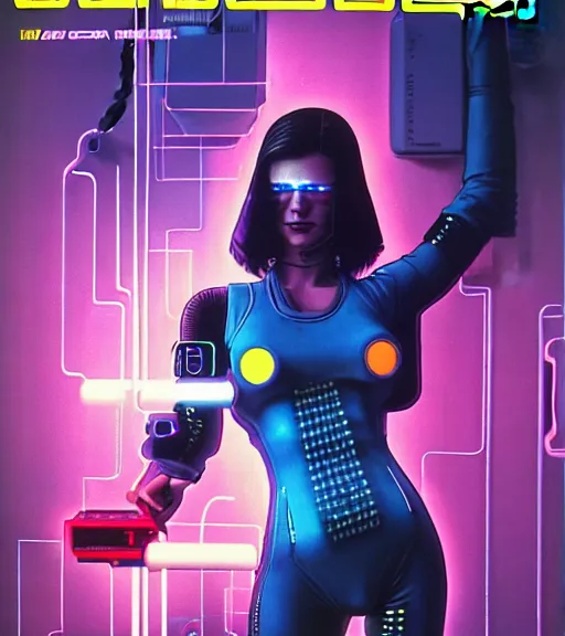 Image similar to cable inserted into head, jacked into cyberdeck wrist terminal, very very beautiful cyberpunk woman, computer, 1 9 7 9 omni magazine cover, style by vincent di fate, cyberpunk 2 0 7 7, very coherent, detailed, 4 k resolution, unreal engine, daz