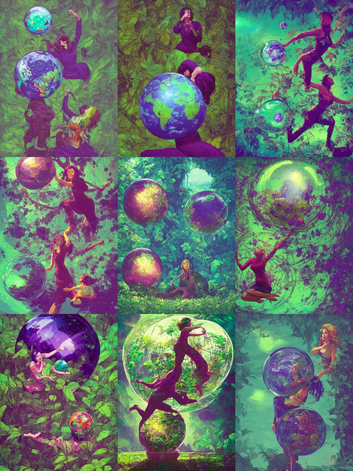 Prompt: World in Glass ball, plants, woman, violet color, green color, highly saturated colors, detailed illustration, digital art, overdetailed art, concept art,dan mumford, Greg Rutkowski, trending on artstation