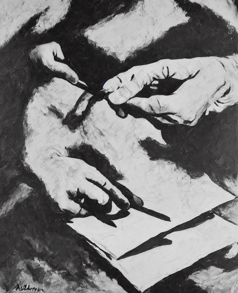 Image similar to a painting of soldier's hands writing a sad letter in el alamein battle, wwii,, black and white, bauhaus