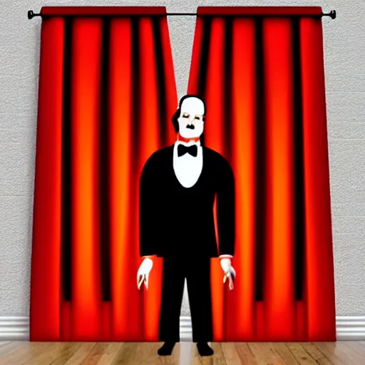 Prompt: red curtain, archives, decibel, puppet, capitalism, mouth shut, fortune, tuxedo