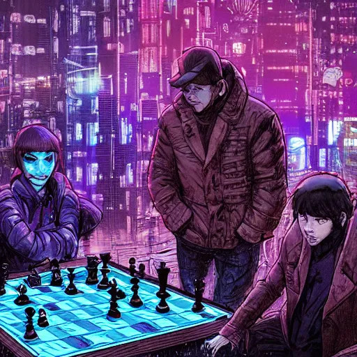 Image similar to high detailed people playing chess in a cyberpunk rainy city at night by josan gonzalez, eliran kantor, hand drawn, illustration, purple and blue neons, unreal engine, high quality, 4 k, uhd, trending on artstation, wires, blade runner vibes, ghost in the shell, akira, dorohedoro